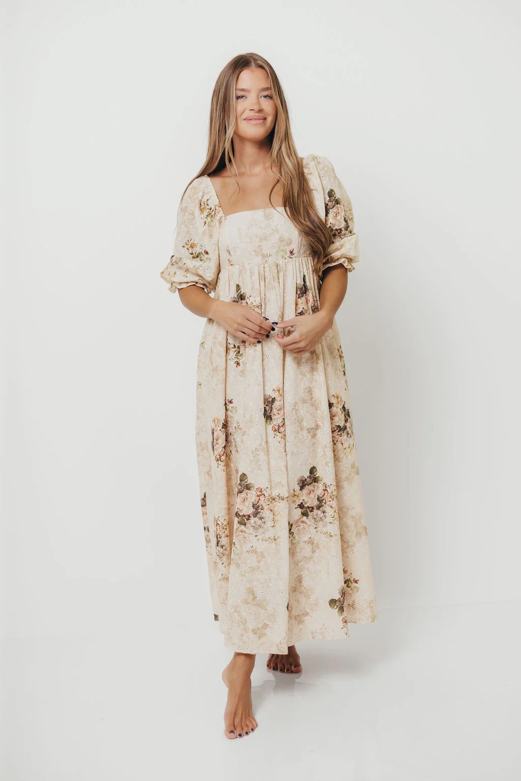 Mona Maxi Dress with Smocking in Cream/Beige Floral - Bump Friendly - Image 7
