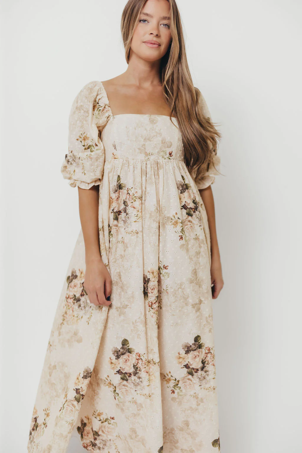 Mona Maxi Dress with Smocking in Cream/Beige Floral - Bump Friendly - Image 8