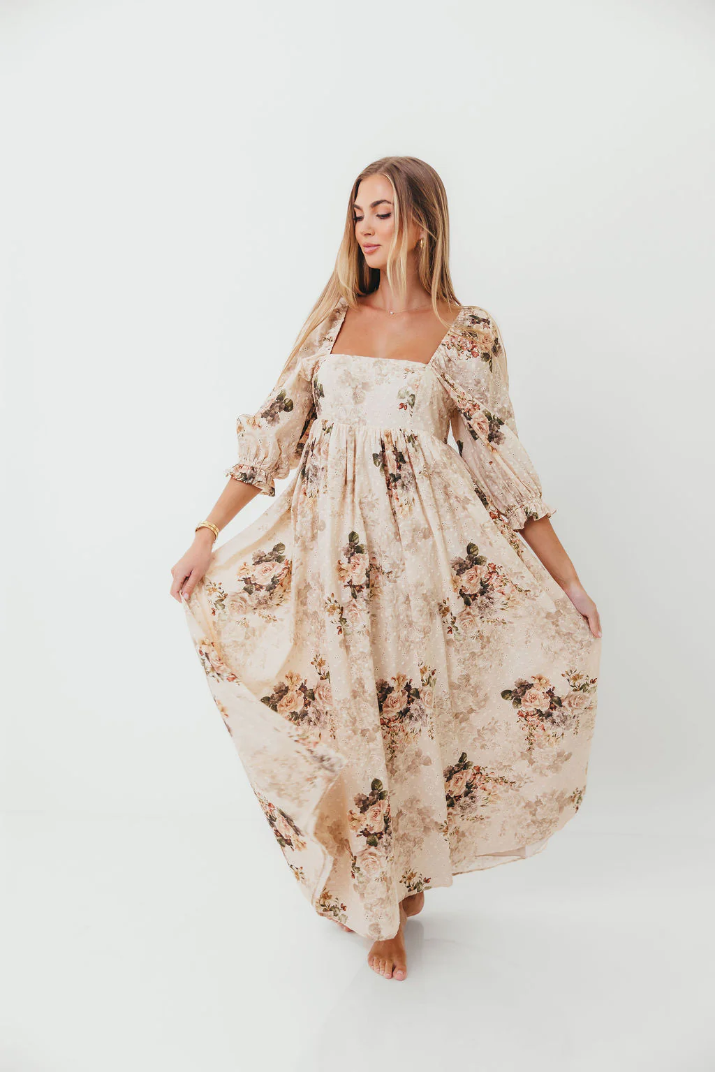 Mona Maxi Dress with Smocking in Cream/Beige Floral - Bump Friendly - Image 9