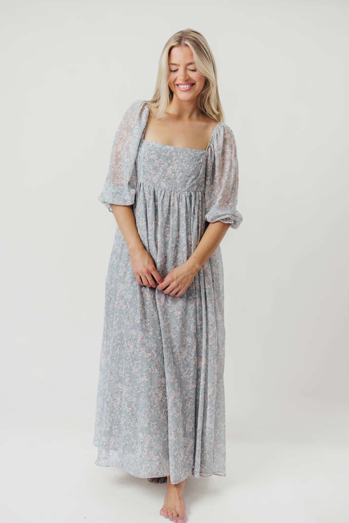 Mona Maxi Dress with Smocking in Sage Green Floral - Bump Friendly - Image 48