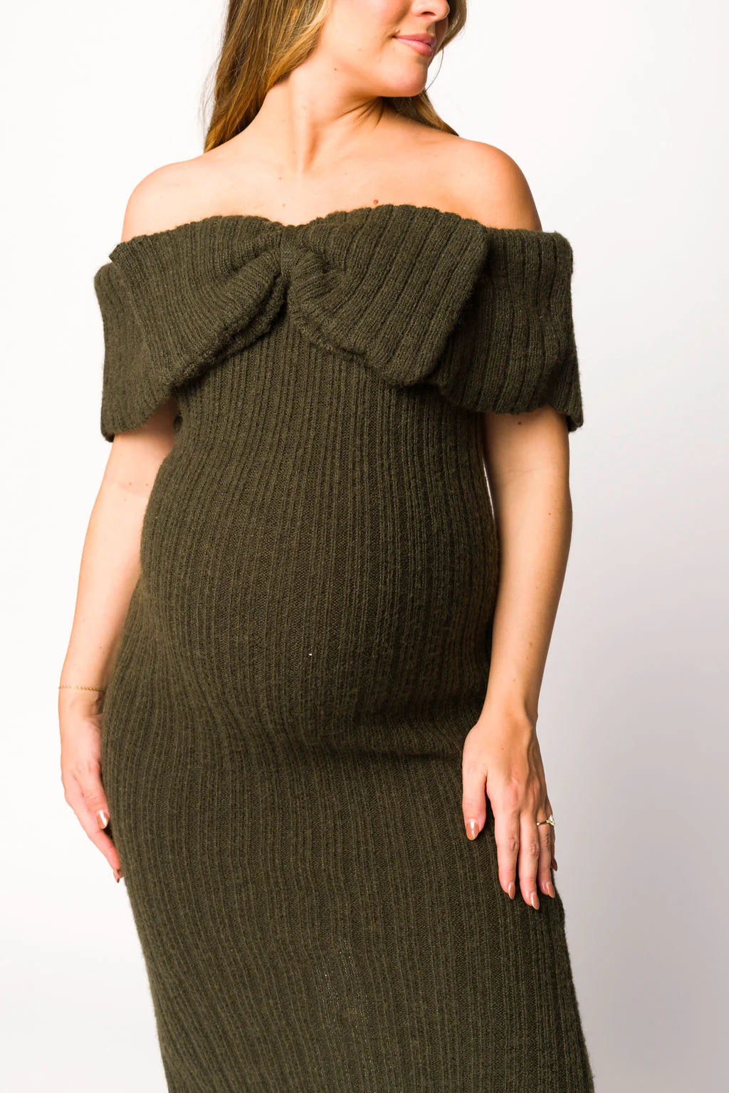Aston Bow Front Maxi Sweater Dress in Dark Green - Bump Friendly - Image 16