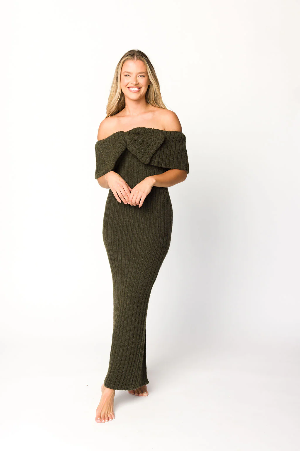 Aston Bow Front Maxi Sweater Dress in Dark Green - Bump Friendly - Image 3
