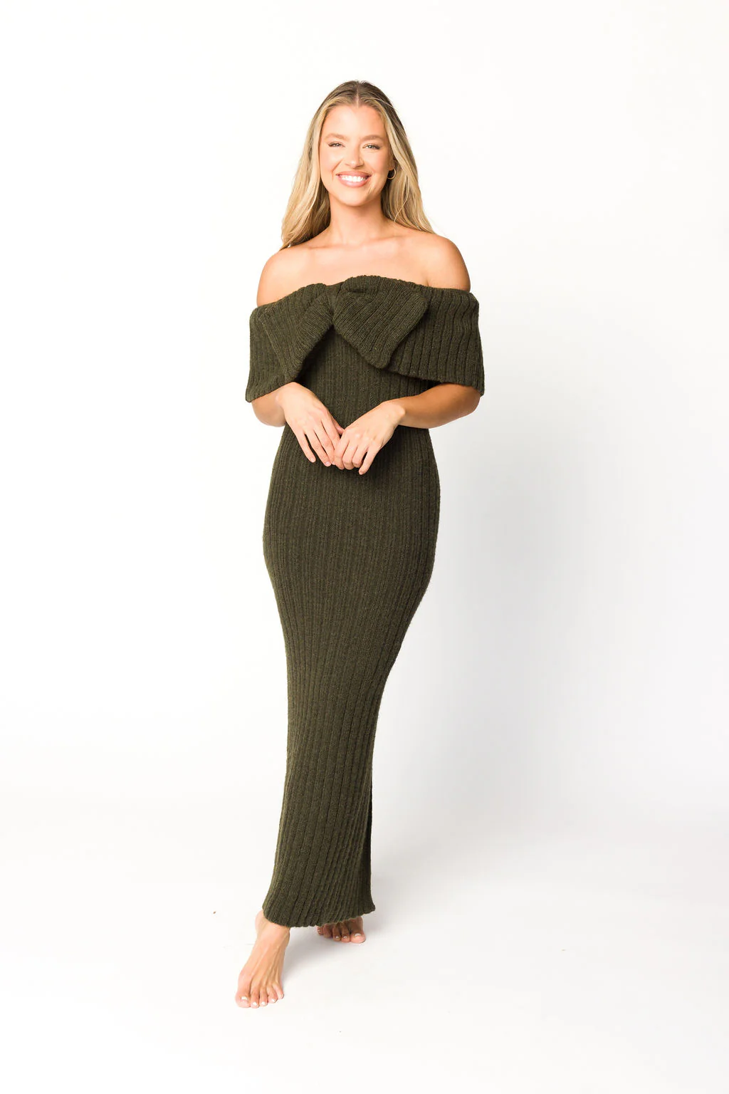 Aston Bow Front Maxi Sweater Dress in Dark Green - Bump Friendly - Image 7