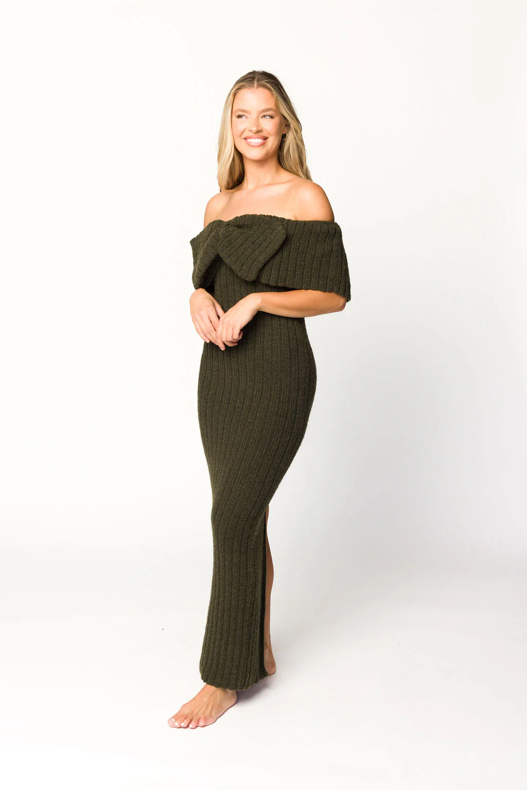 Aston Bow Front Maxi Sweater Dress in Dark Green - Bump Friendly - Image 9