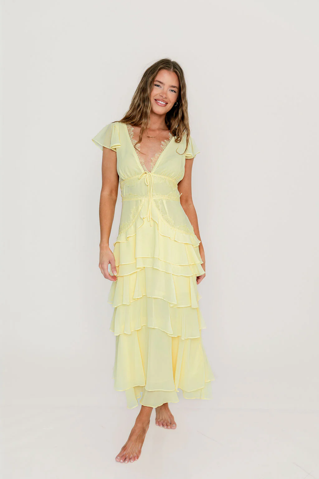 Jessa Tiered Ruffle Midi Dress in Yellow