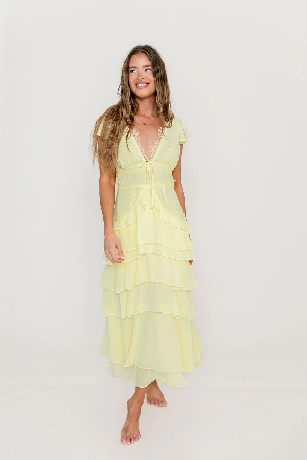 Jessa Tiered Ruffle Midi Dress in Yellow - Image 3