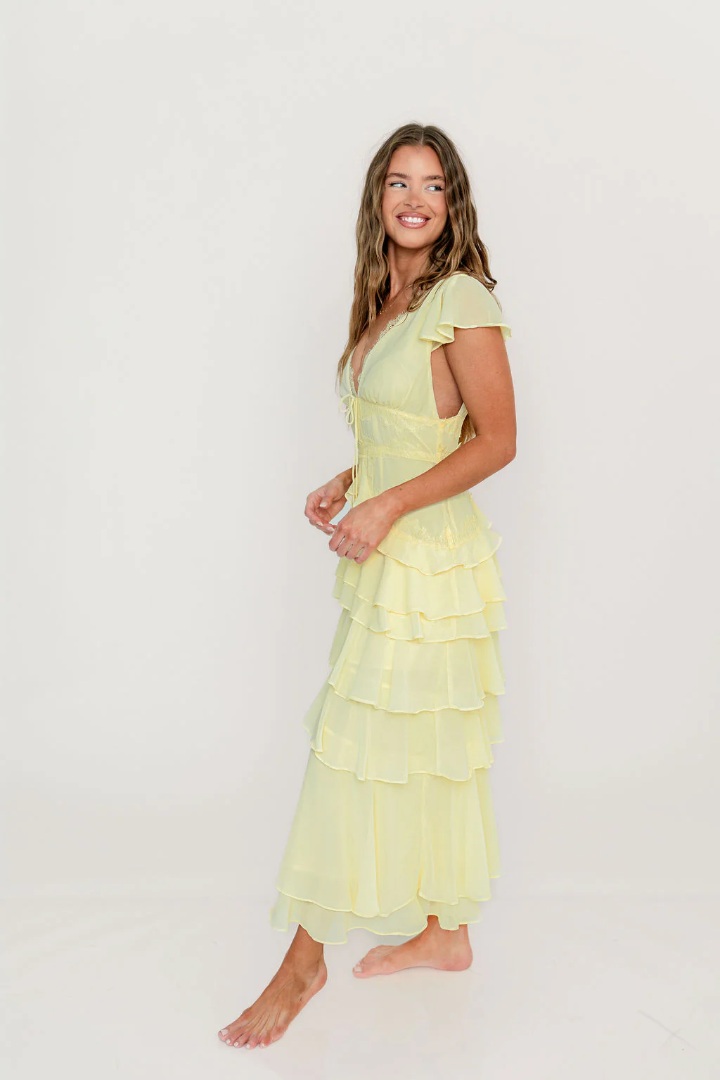 Jessa Tiered Ruffle Midi Dress in Yellow - Image 4
