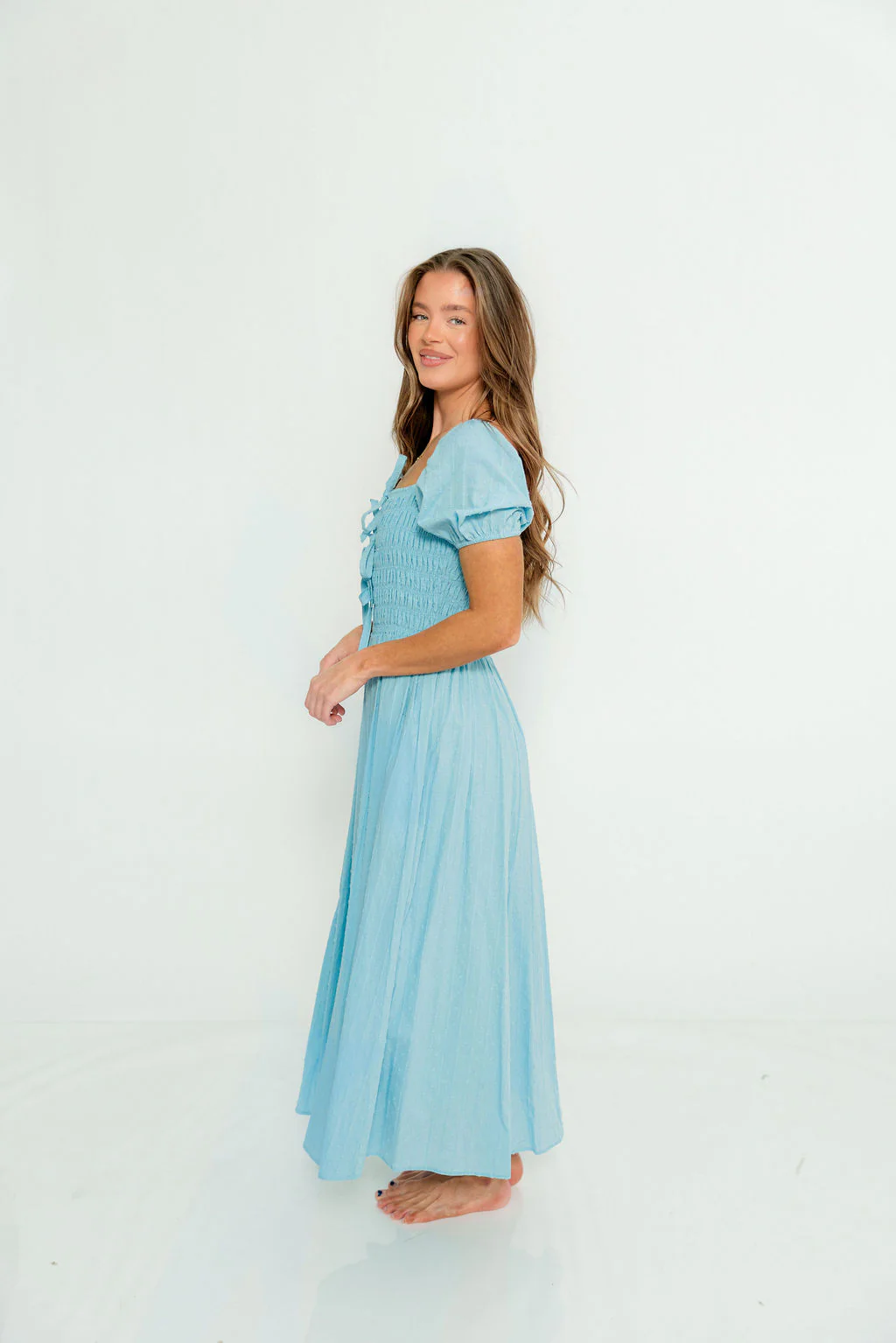 Arabelle Smocked Bow Detail Maxi Dress in Blue Aura - Image 2