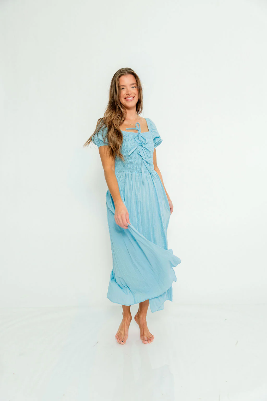 Arabelle Smocked Bow Detail Maxi Dress in Blue Aura - Image 3