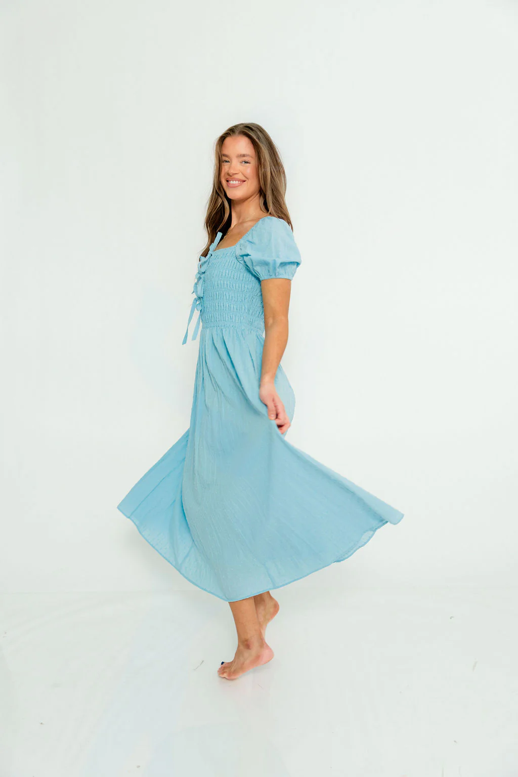 Arabelle Smocked Bow Detail Maxi Dress in Blue Aura - Image 4