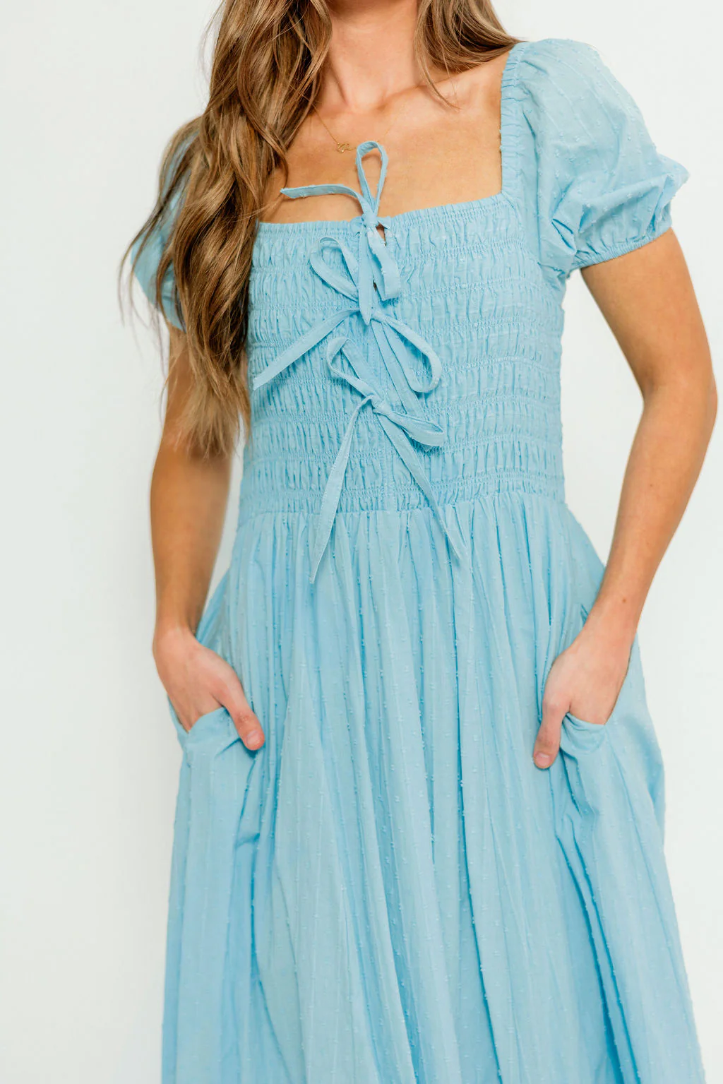 Arabelle Smocked Bow Detail Maxi Dress in Blue Aura - Image 5