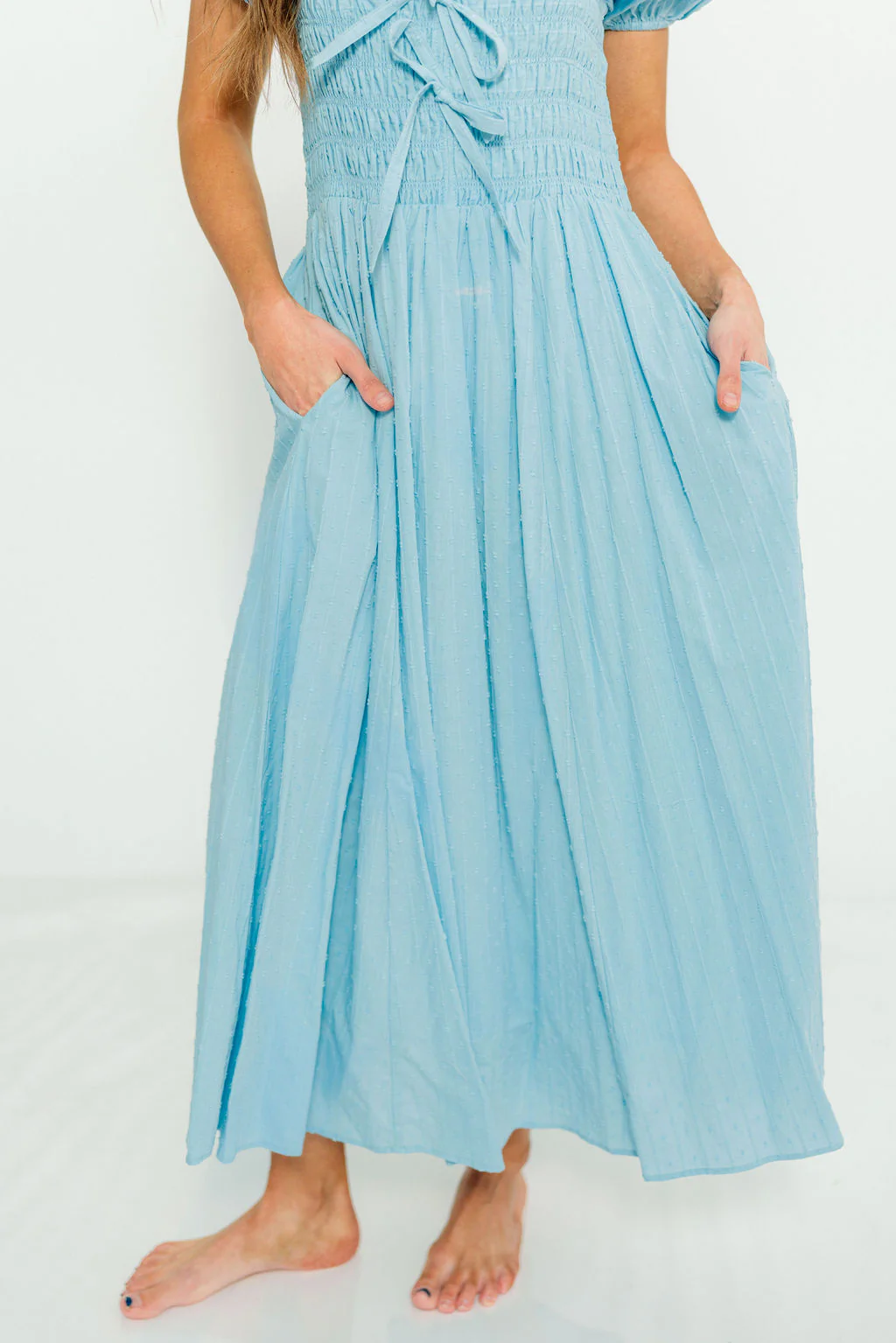Arabelle Smocked Bow Detail Maxi Dress in Blue Aura - Image 6