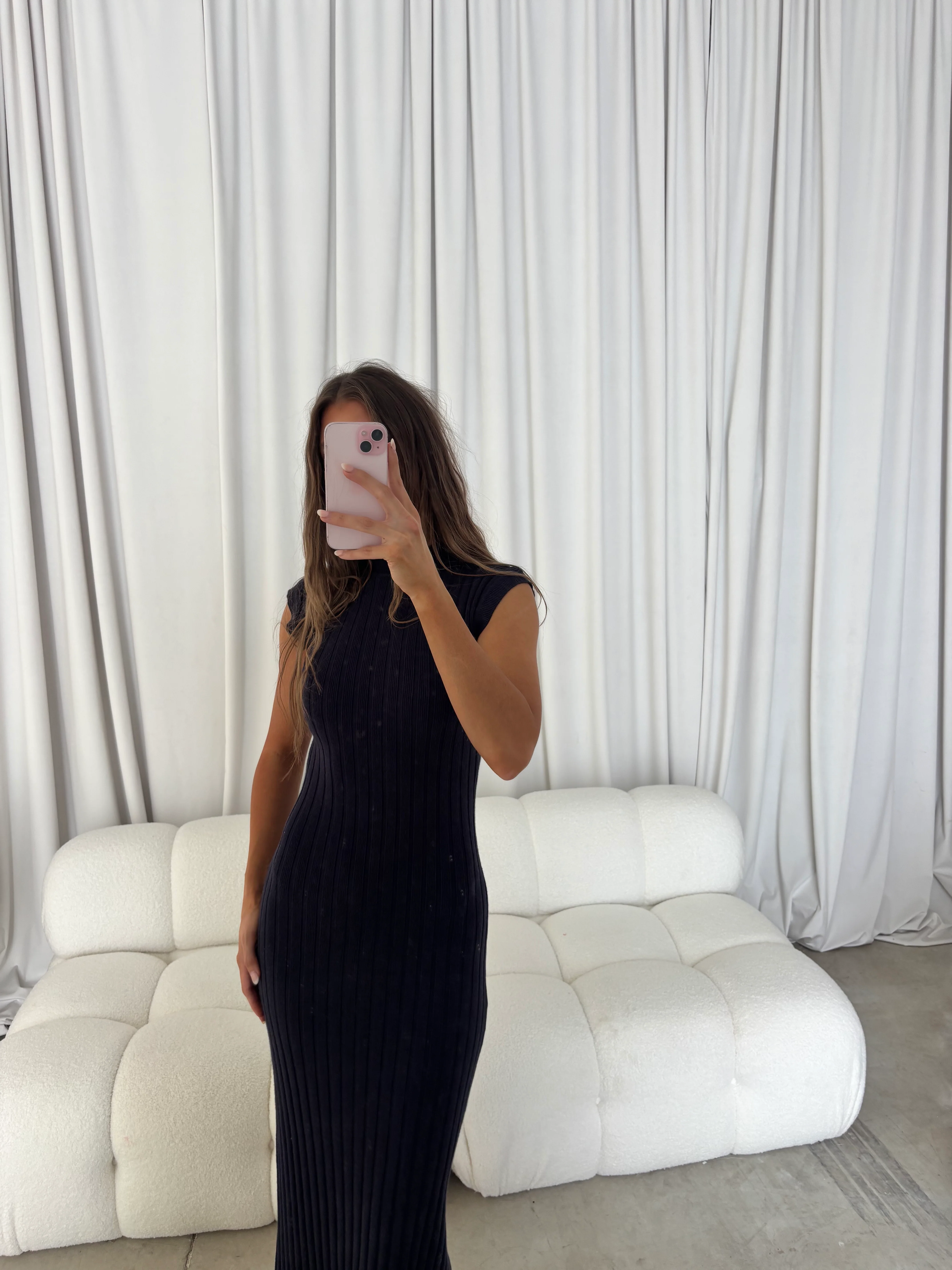 Julia Rib-Knit Maxi Dress in Navy - Image 2