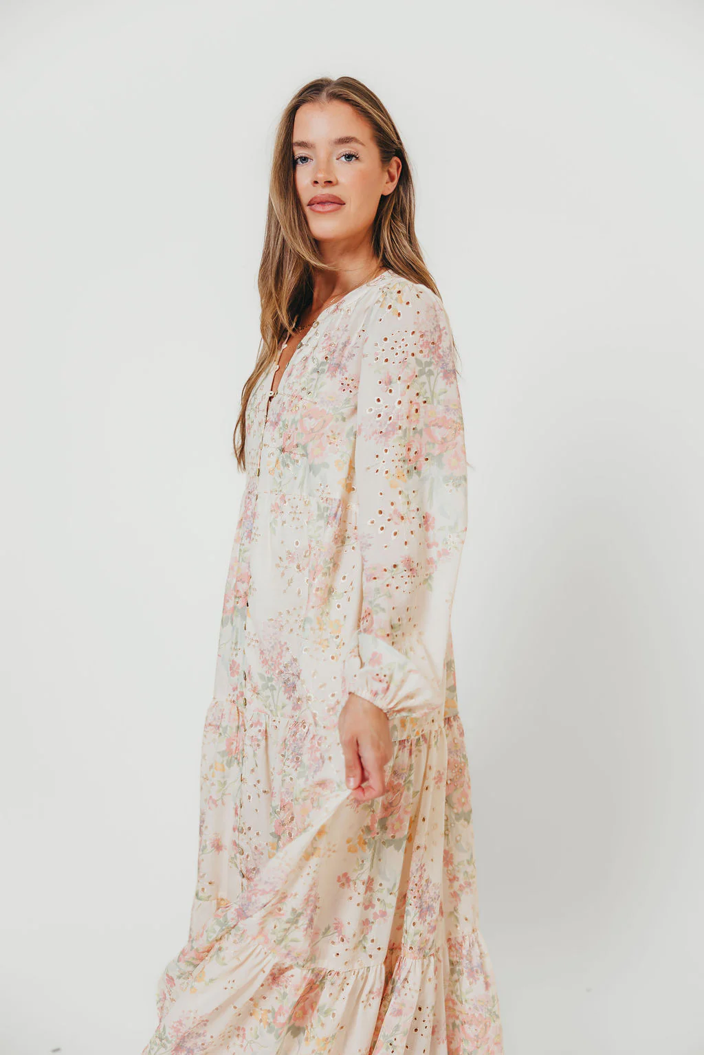 Anna Eyelet Button Down Tiered Dress in Blush Multi - Image 8