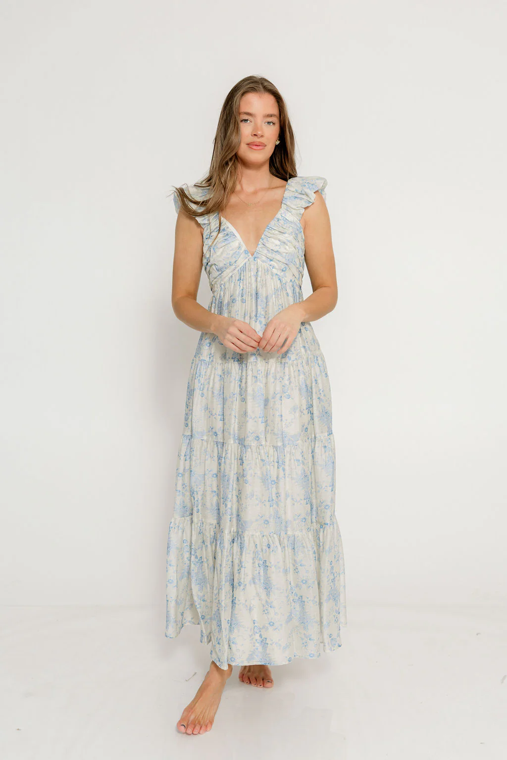 Katy Pleated Bodice Maxi Dress in Blue Floral - Bump Friendly