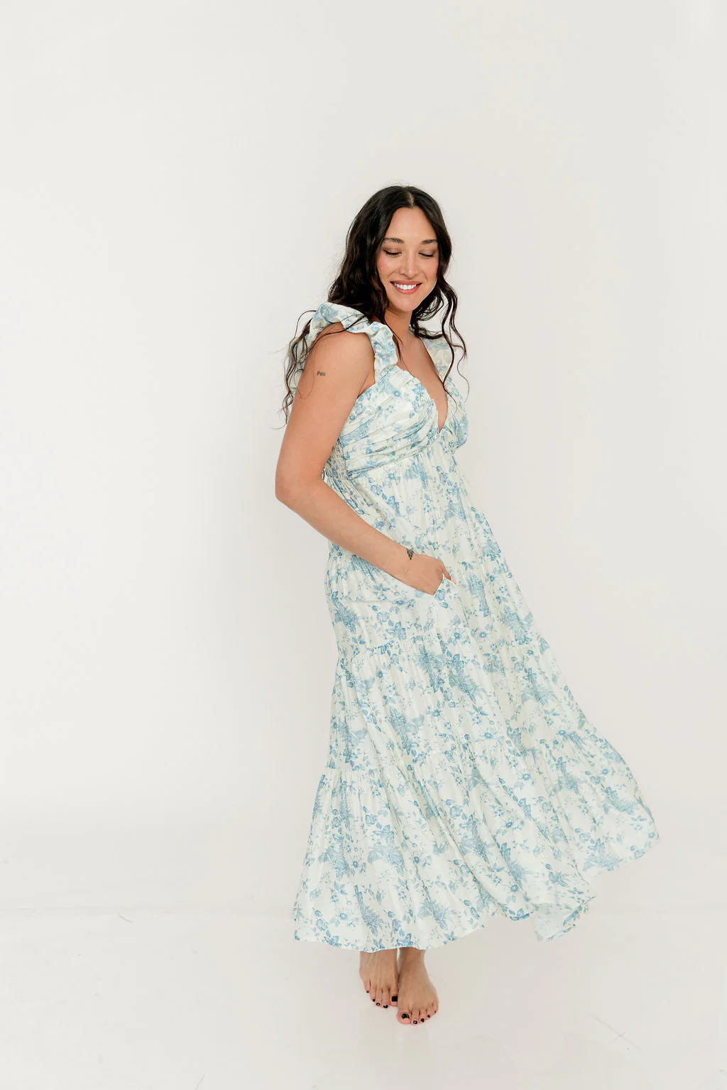 Katy Pleated Bodice Maxi Dress in Blue Floral - Bump Friendly - Image 11