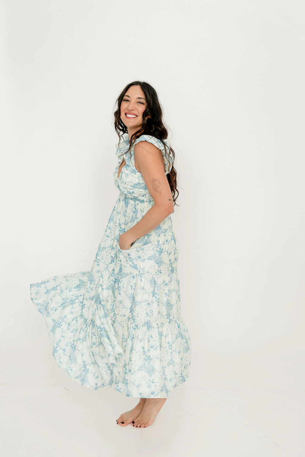 Katy Pleated Bodice Maxi Dress in Blue Floral - Bump Friendly - Image 12