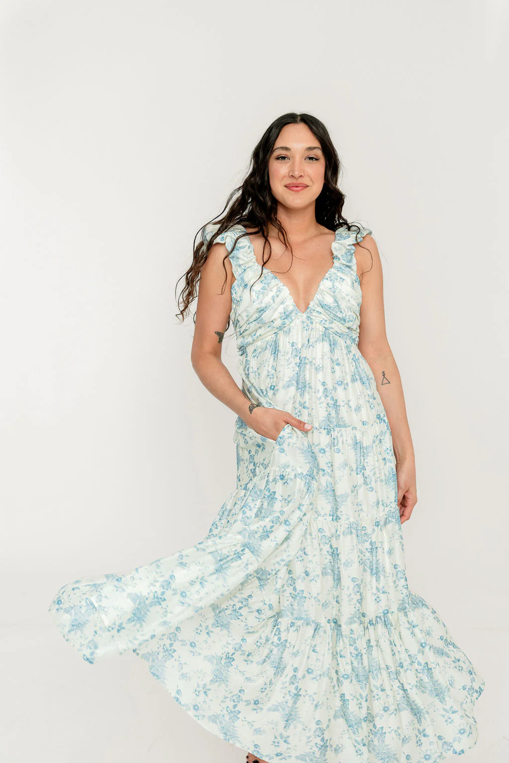Katy Pleated Bodice Maxi Dress in Blue Floral - Bump Friendly - Image 14