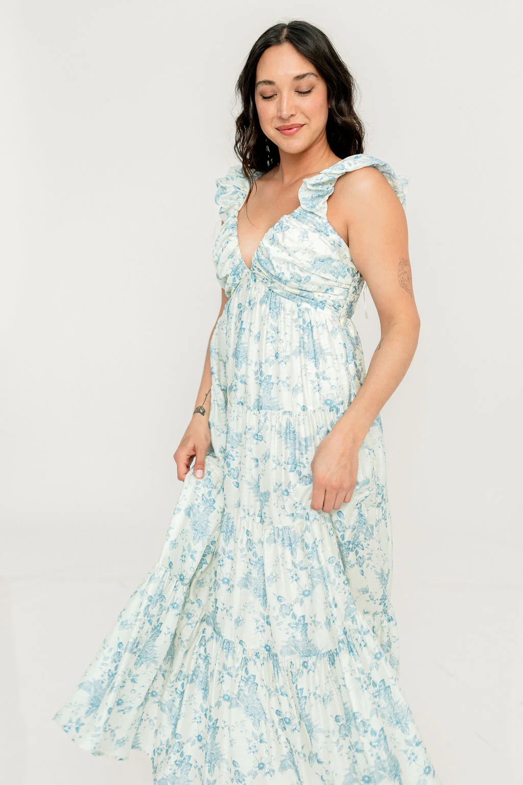 Katy Pleated Bodice Maxi Dress in Blue Floral - Bump Friendly - Image 15