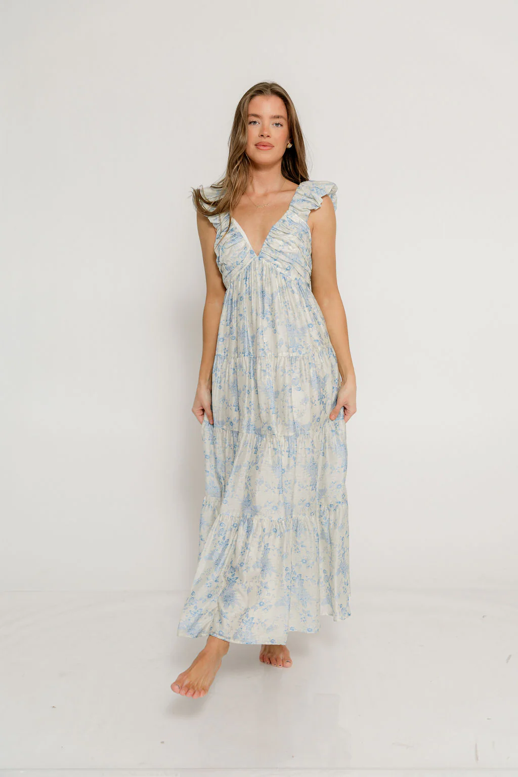 Katy Pleated Bodice Maxi Dress in Blue Floral - Bump Friendly - Image 2