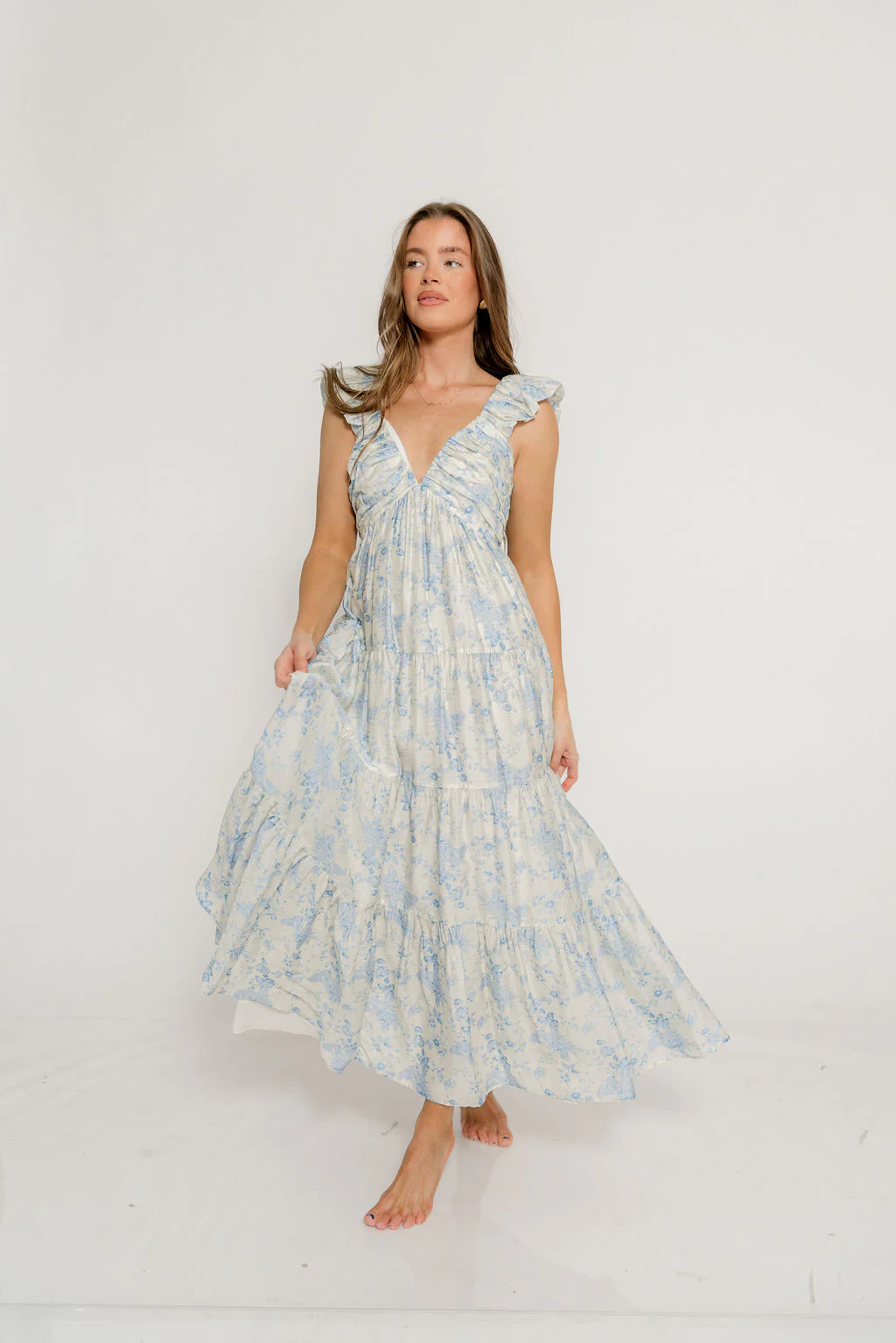 Katy Pleated Bodice Maxi Dress in Blue Floral - Bump Friendly - Image 3