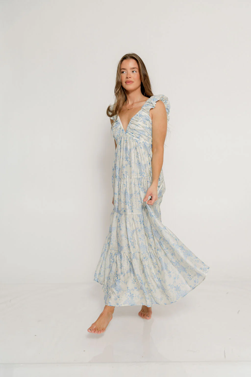 Katy Pleated Bodice Maxi Dress in Blue Floral - Bump Friendly - Image 4
