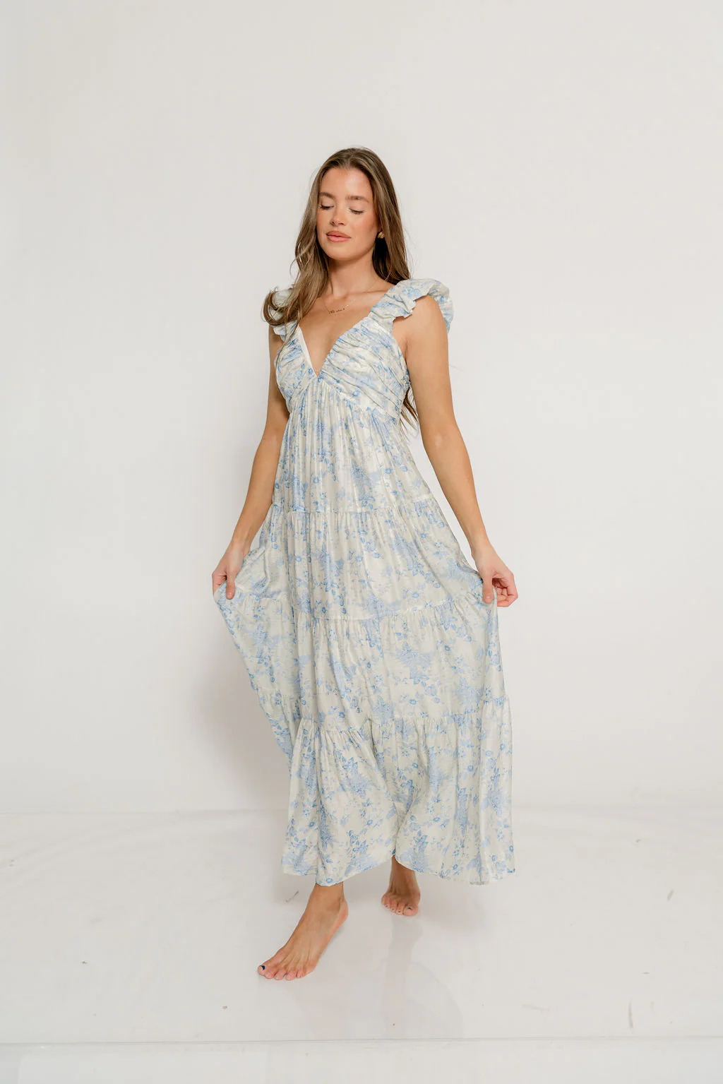 Katy Pleated Bodice Maxi Dress in Blue Floral - Bump Friendly - Image 5