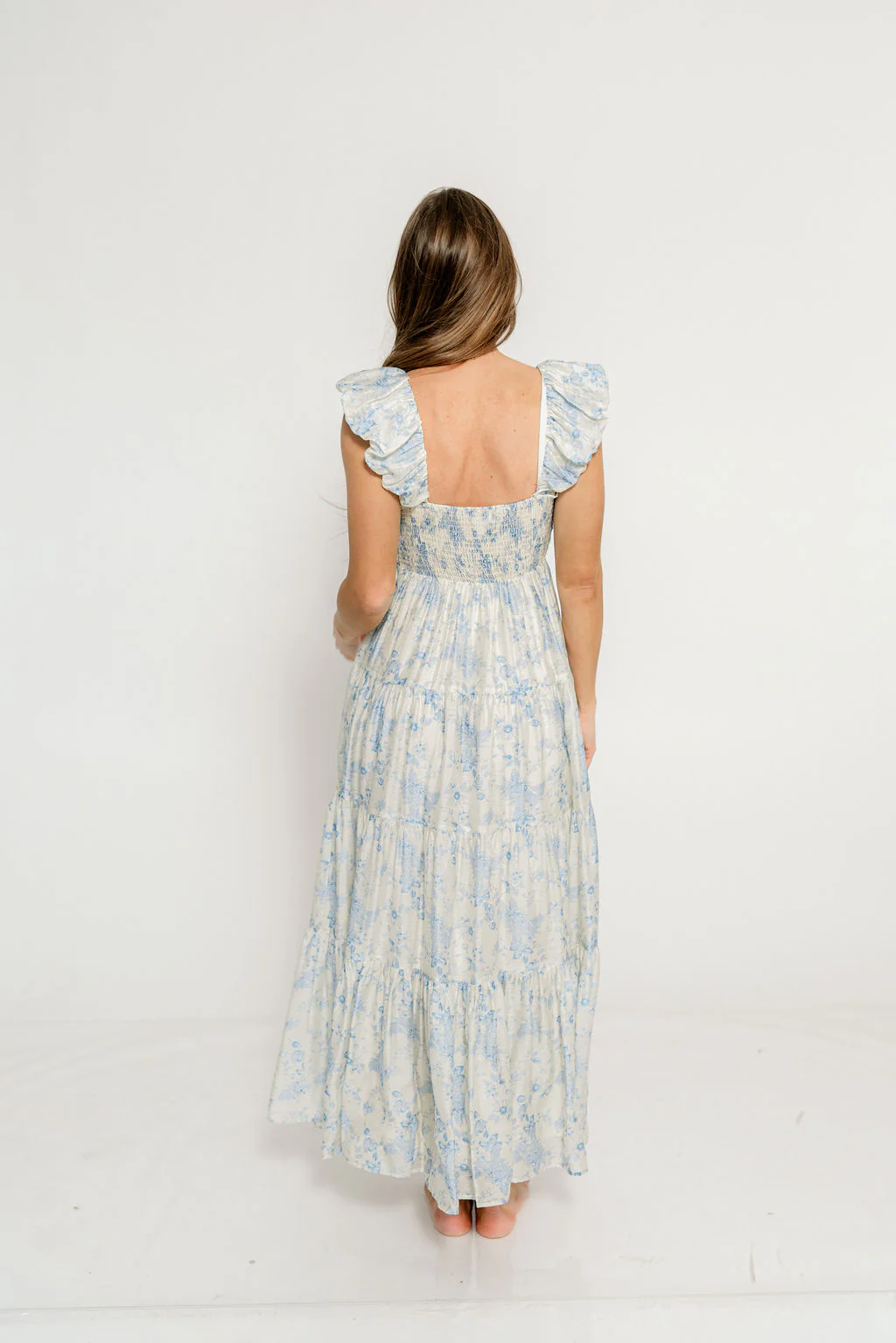 Katy Pleated Bodice Maxi Dress in Blue Floral - Bump Friendly - Image 6