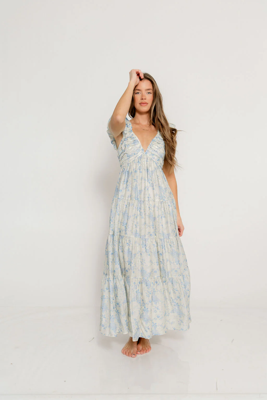 Katy Pleated Bodice Maxi Dress in Blue Floral - Bump Friendly - Image 7