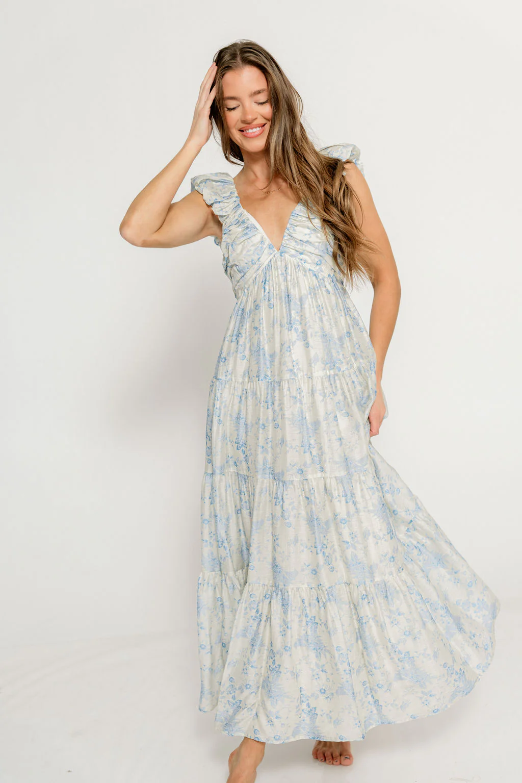 Katy Pleated Bodice Maxi Dress in Blue Floral - Bump Friendly - Image 8