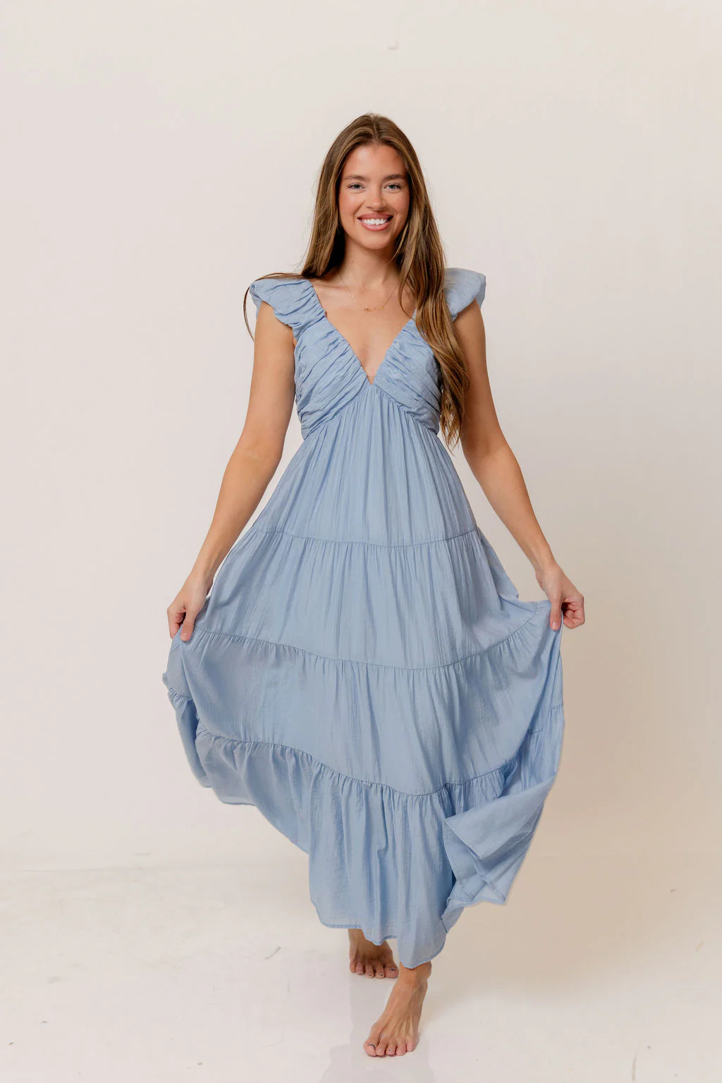 Katy Pleated Bodice Maxi Dress in Dusty Blue - Bump Friendly - Image 11