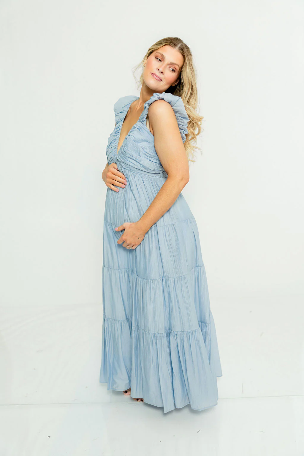 Katy Pleated Bodice Maxi Dress in Dusty Blue - Bump Friendly - Image 17
