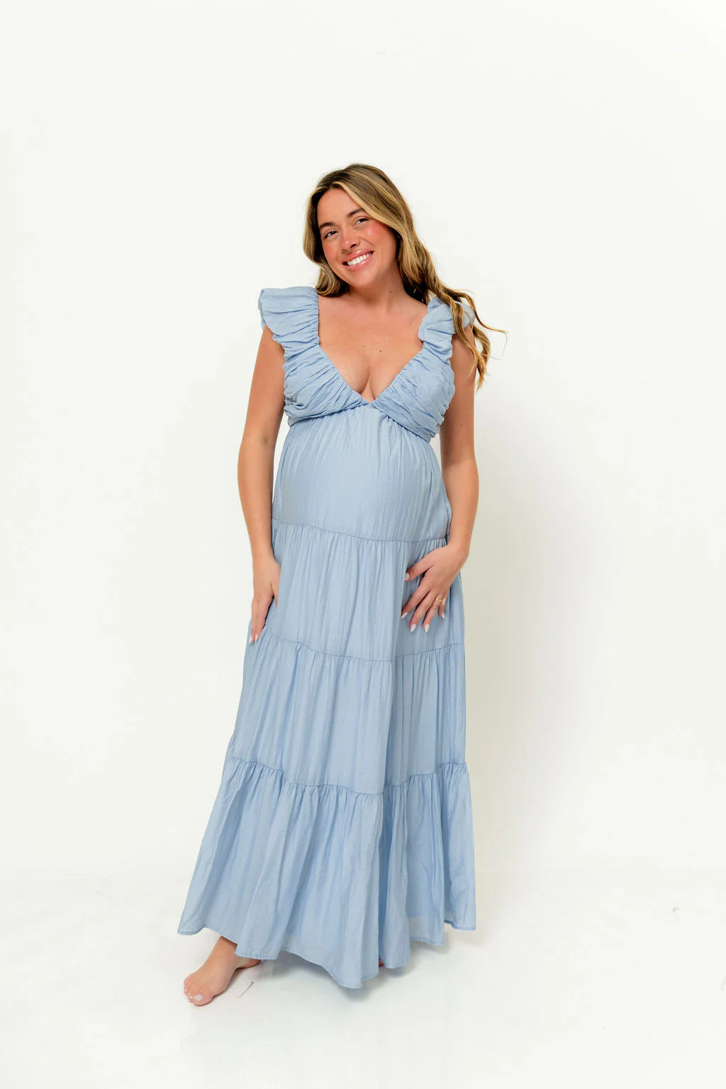 Katy Pleated Bodice Maxi Dress in Dusty Blue - Bump Friendly - Image 4