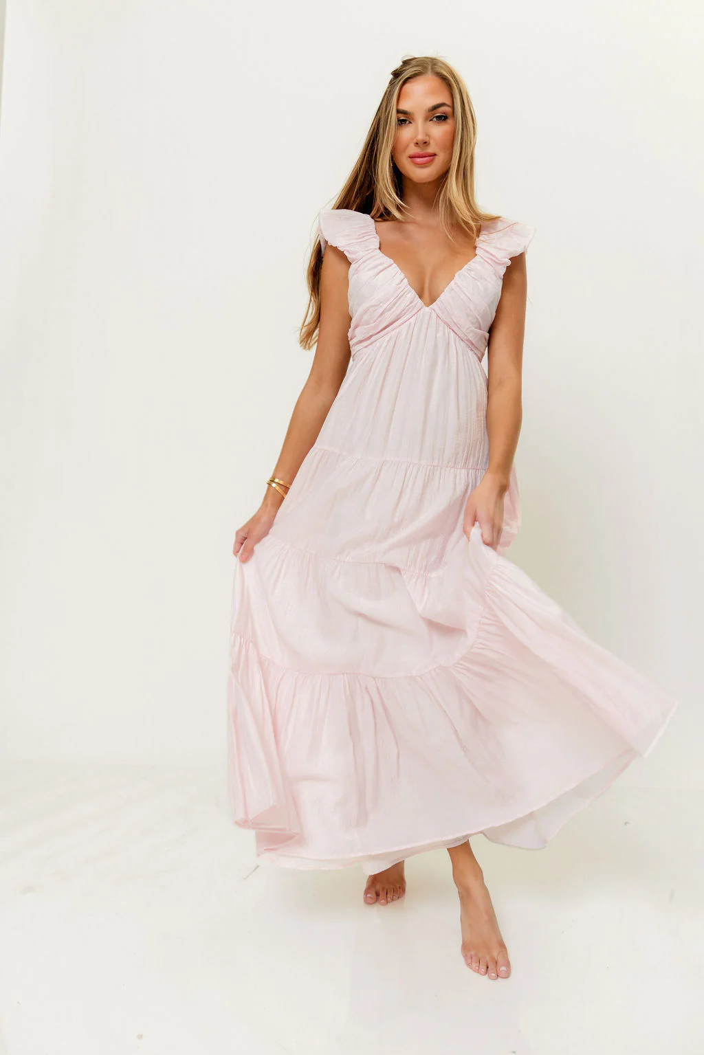 Katy Pleated Bodice Maxi Dress in Light Pink - Bump Friendly - Image 3