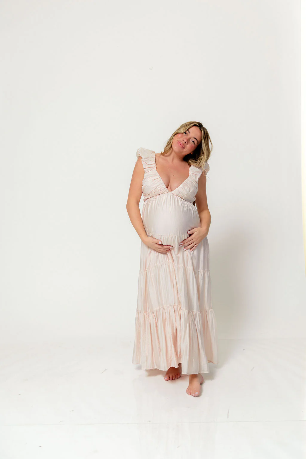 Katy Pleated Bodice Maxi Dress in Peach - Bump Friendly - Image 3