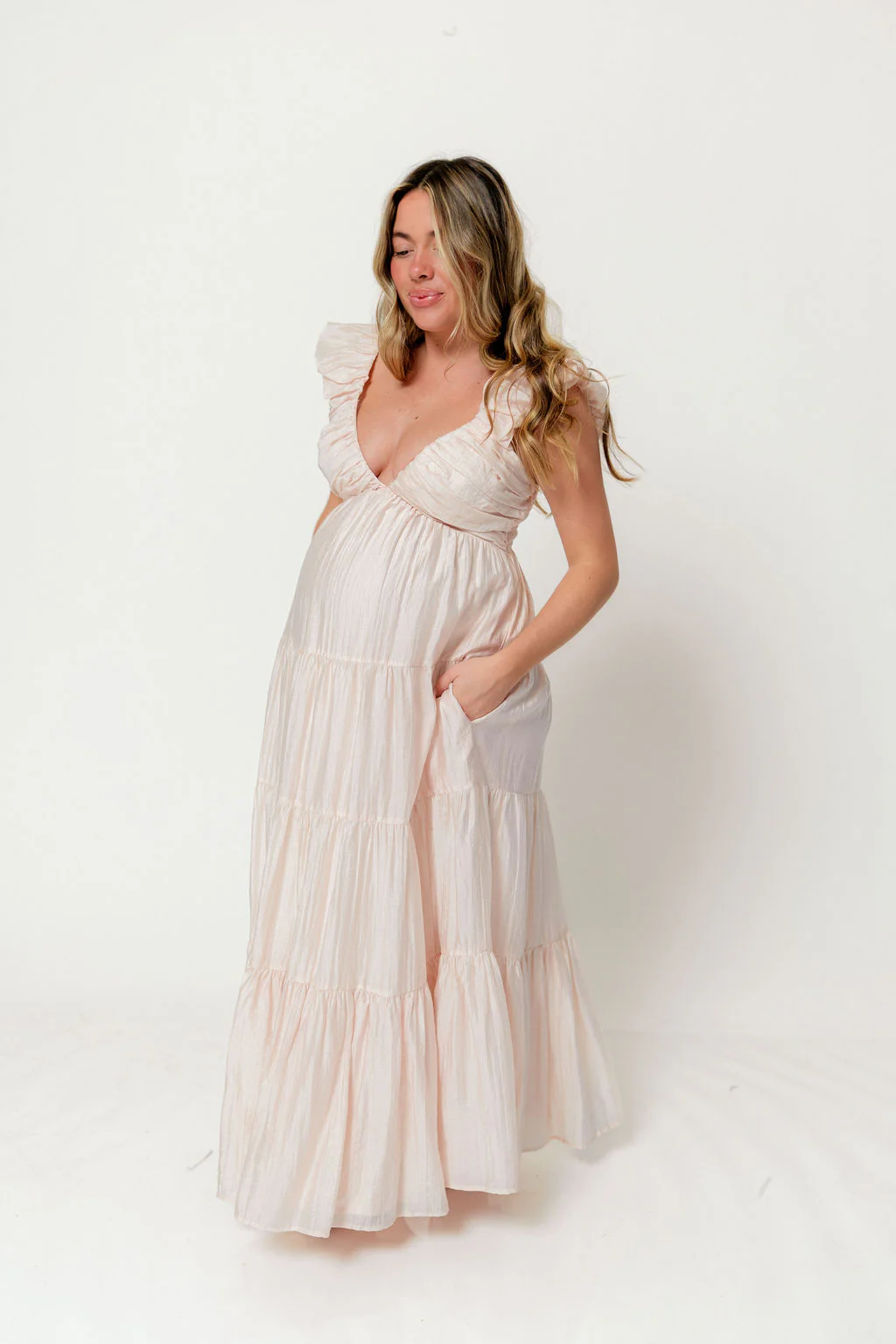 Katy Pleated Bodice Maxi Dress in Peach - Bump Friendly - Image 7