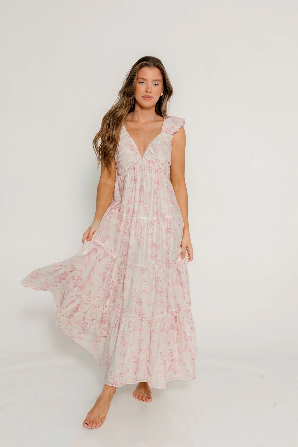 Katy Pleated Bodice Maxi Dress in Pink Floral