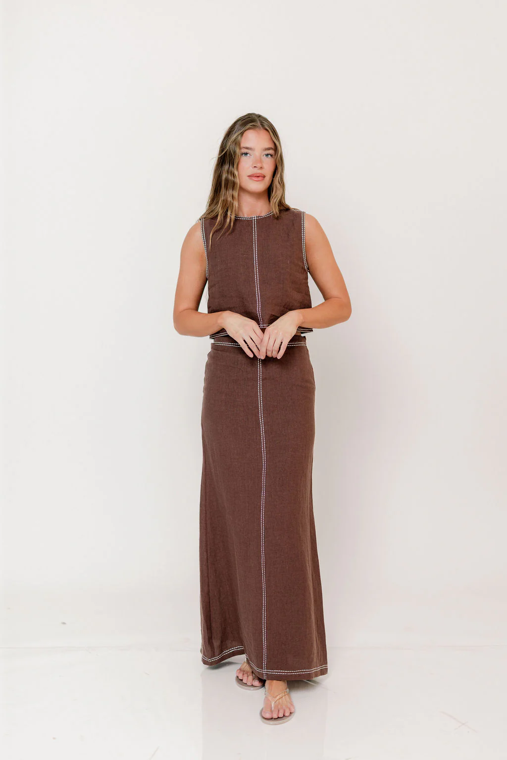 Kenzy Contrast Stitch Linen Maxi Skirt in Brown