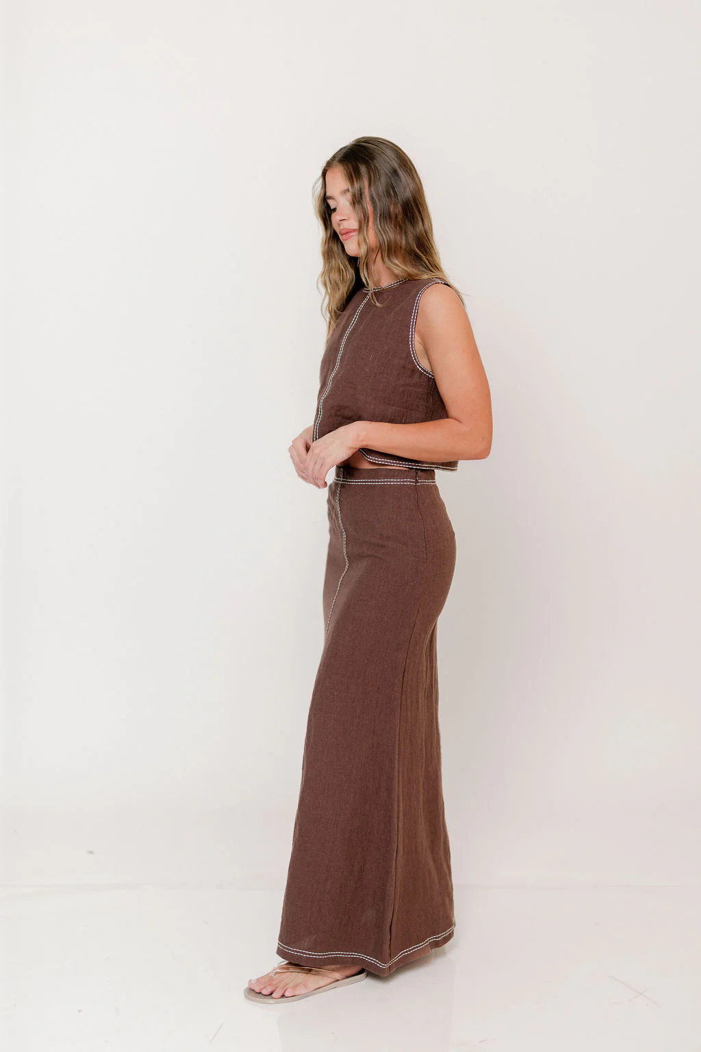 Kenzy Contrast Stitch Linen Maxi Skirt in Brown - Image 3