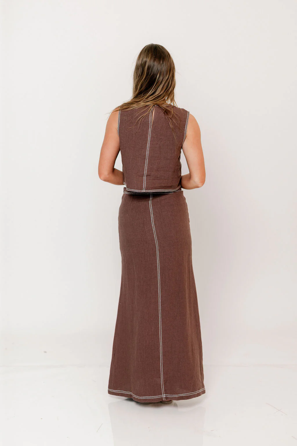Kenzy Contrast Stitch Linen Maxi Skirt in Brown - Image 4