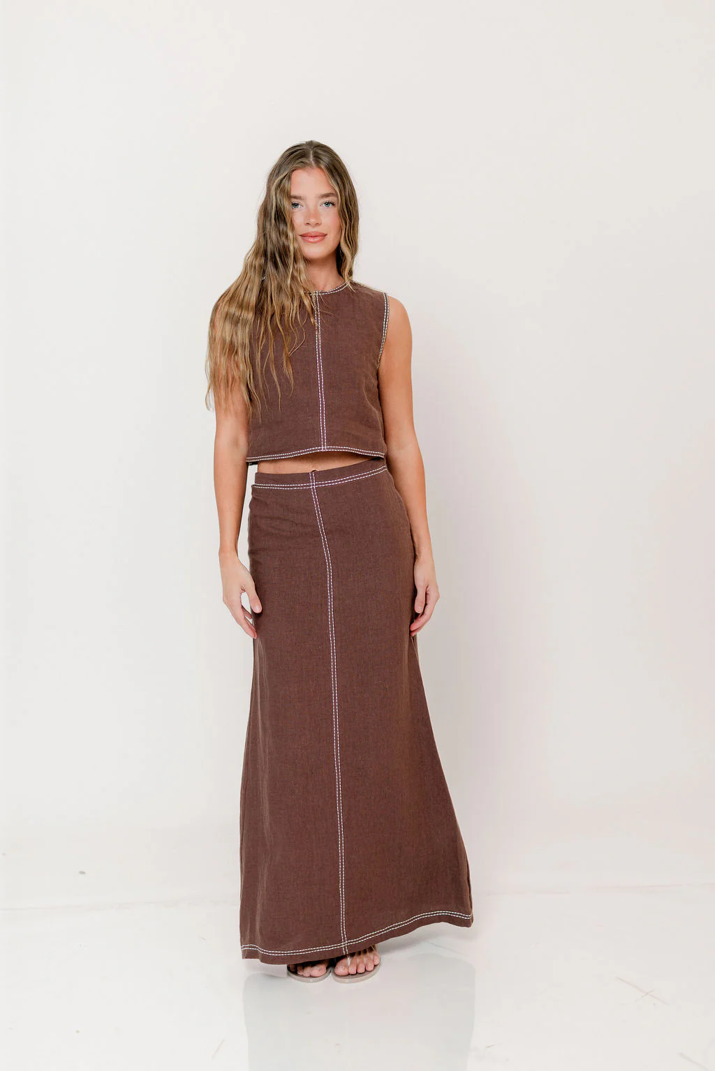 Kenzy Contrast Stitch Linen Maxi Skirt in Brown - Image 5