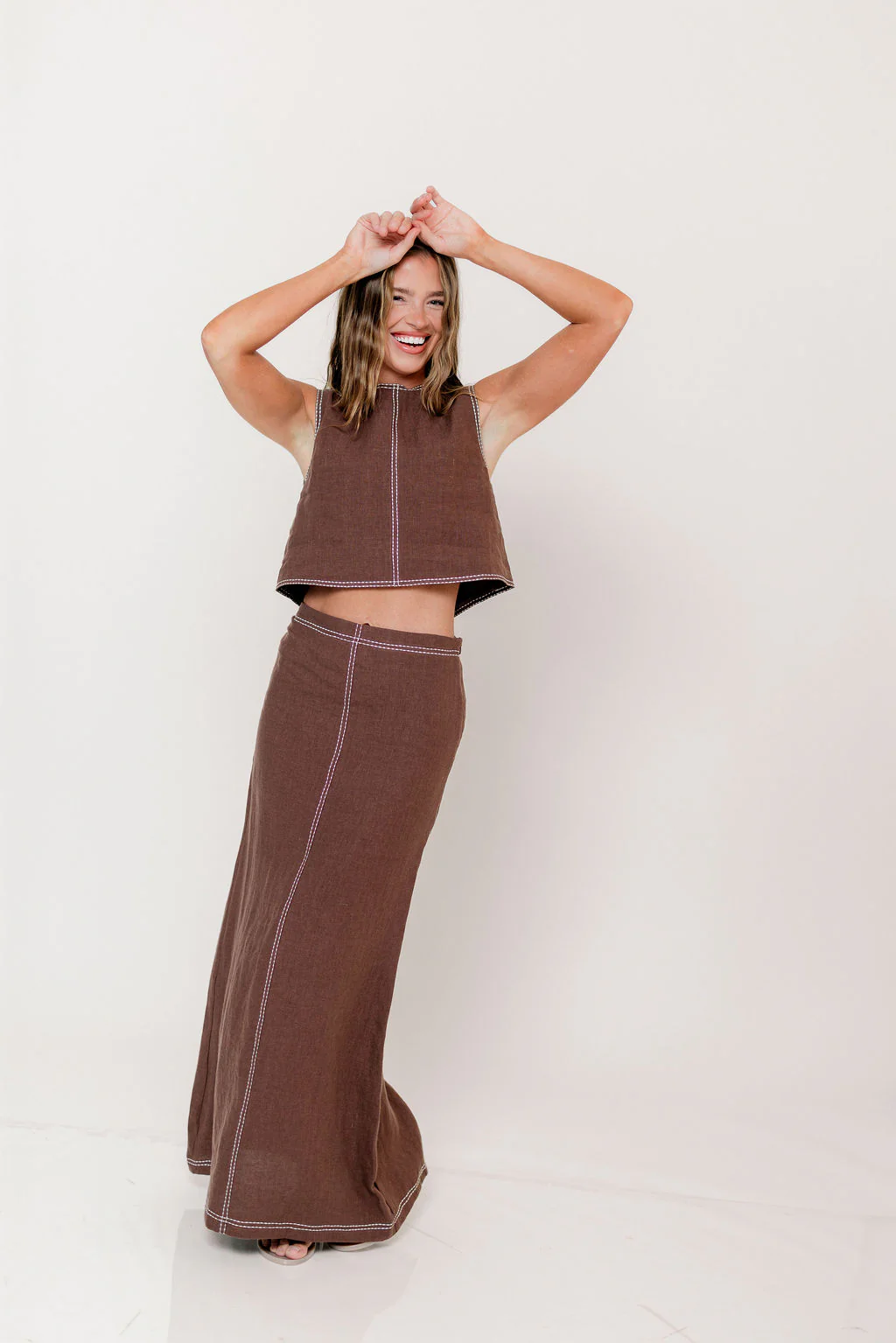 Kenzy Contrast Stitch Linen Maxi Skirt in Brown - Image 6