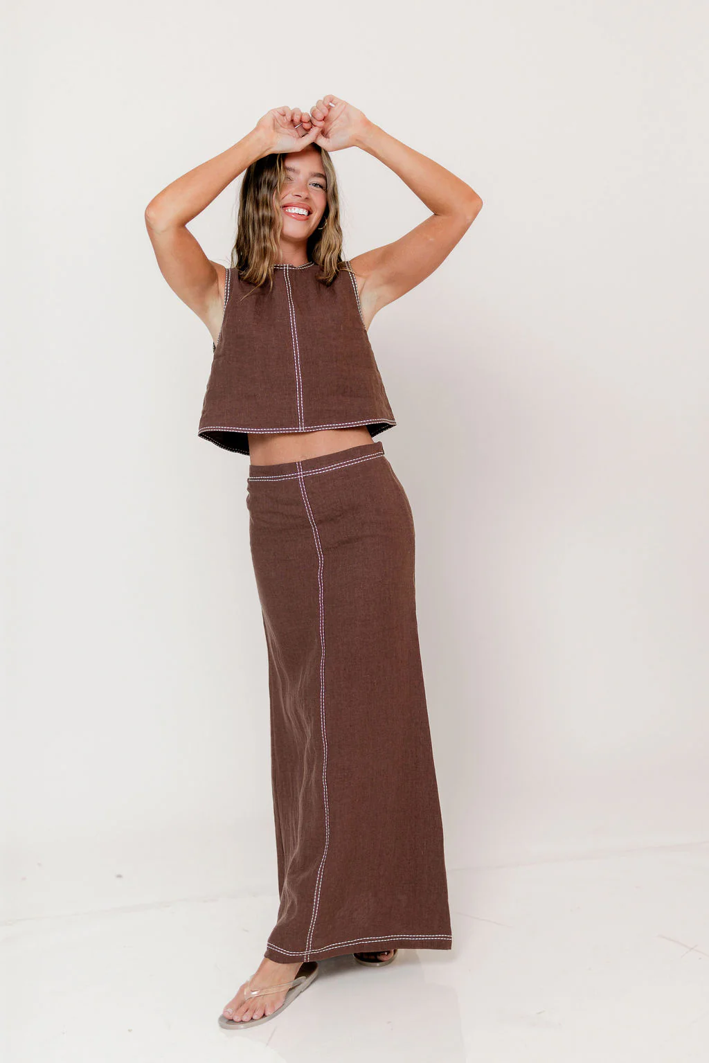 Kenzy Contrast Stitch Linen Maxi Skirt in Brown - Image 7