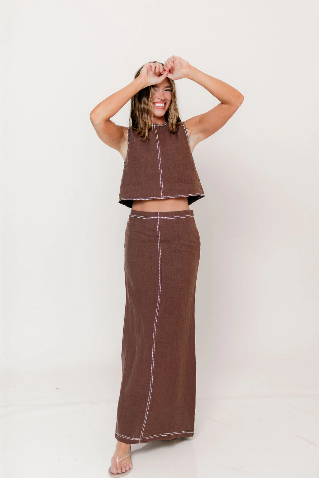 Kenzy Contrast Stitch Linen Maxi Skirt in Brown - Image 8