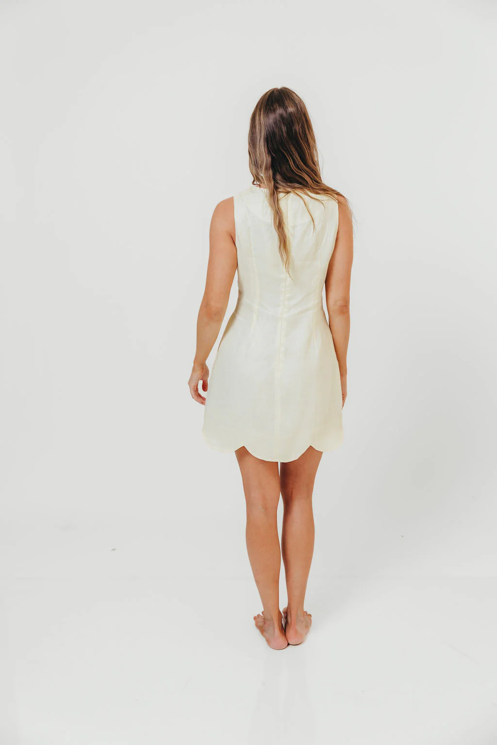 Kendall Linen Mini Dress With Scallop Hem in Butter Yellow - Image 3