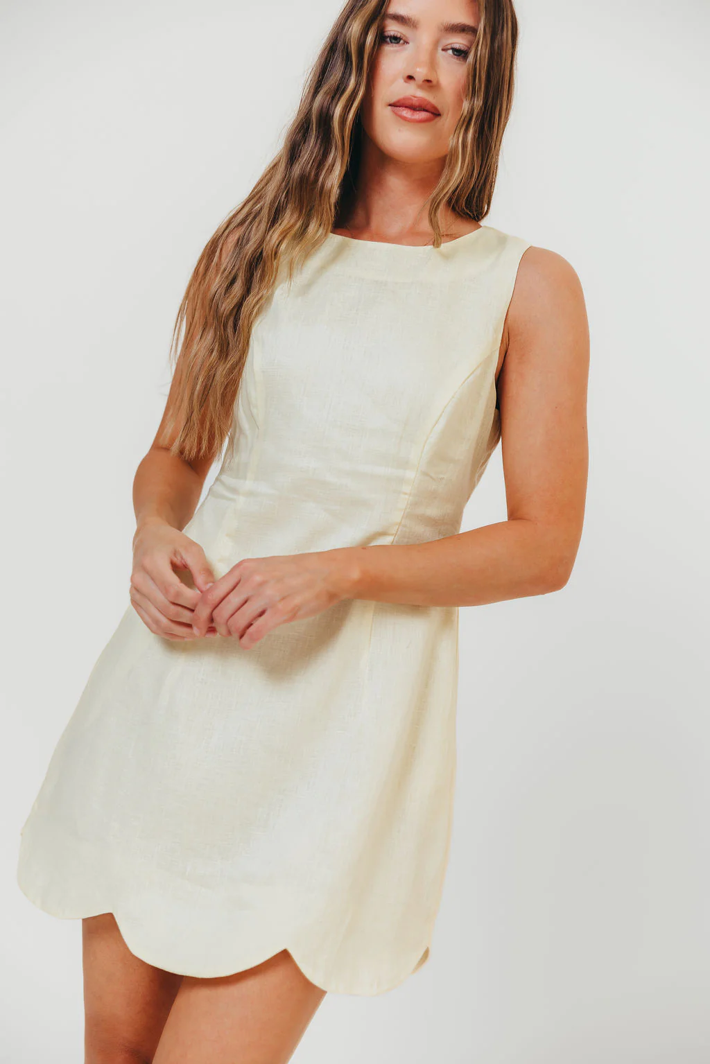 Kendall Linen Mini Dress With Scallop Hem in Butter Yellow - Image 5