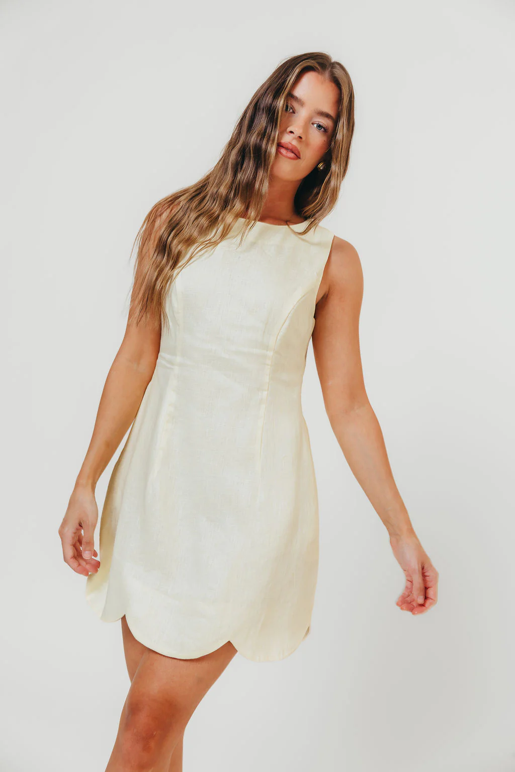 Kendall Linen Mini Dress With Scallop Hem in Butter Yellow - Image 6