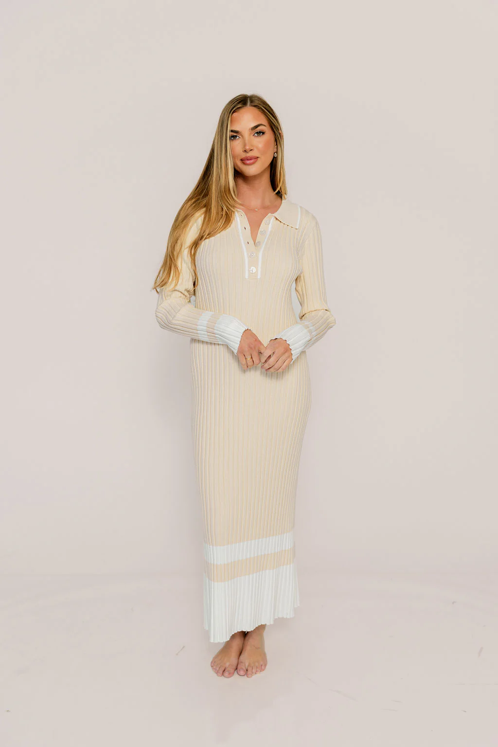 Kris Colorblock Polo Rib-Knit Maxi Dress in Natural