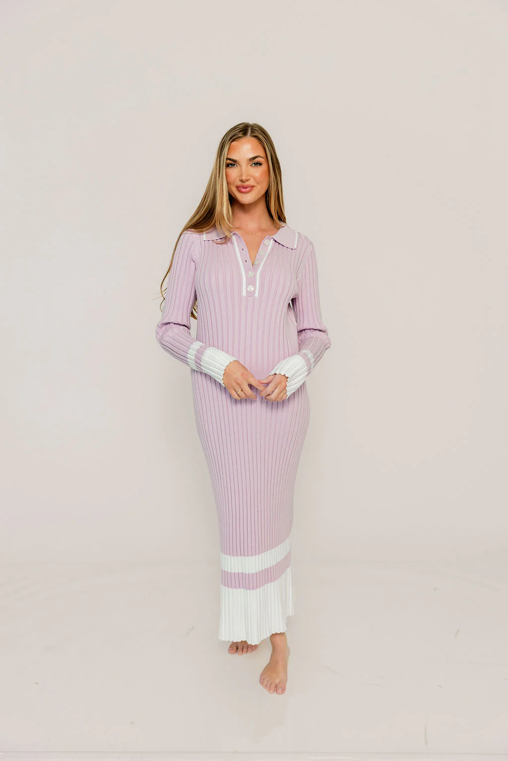 Kris Colorblock Polo Rib-Knit Maxi Dress in Pink