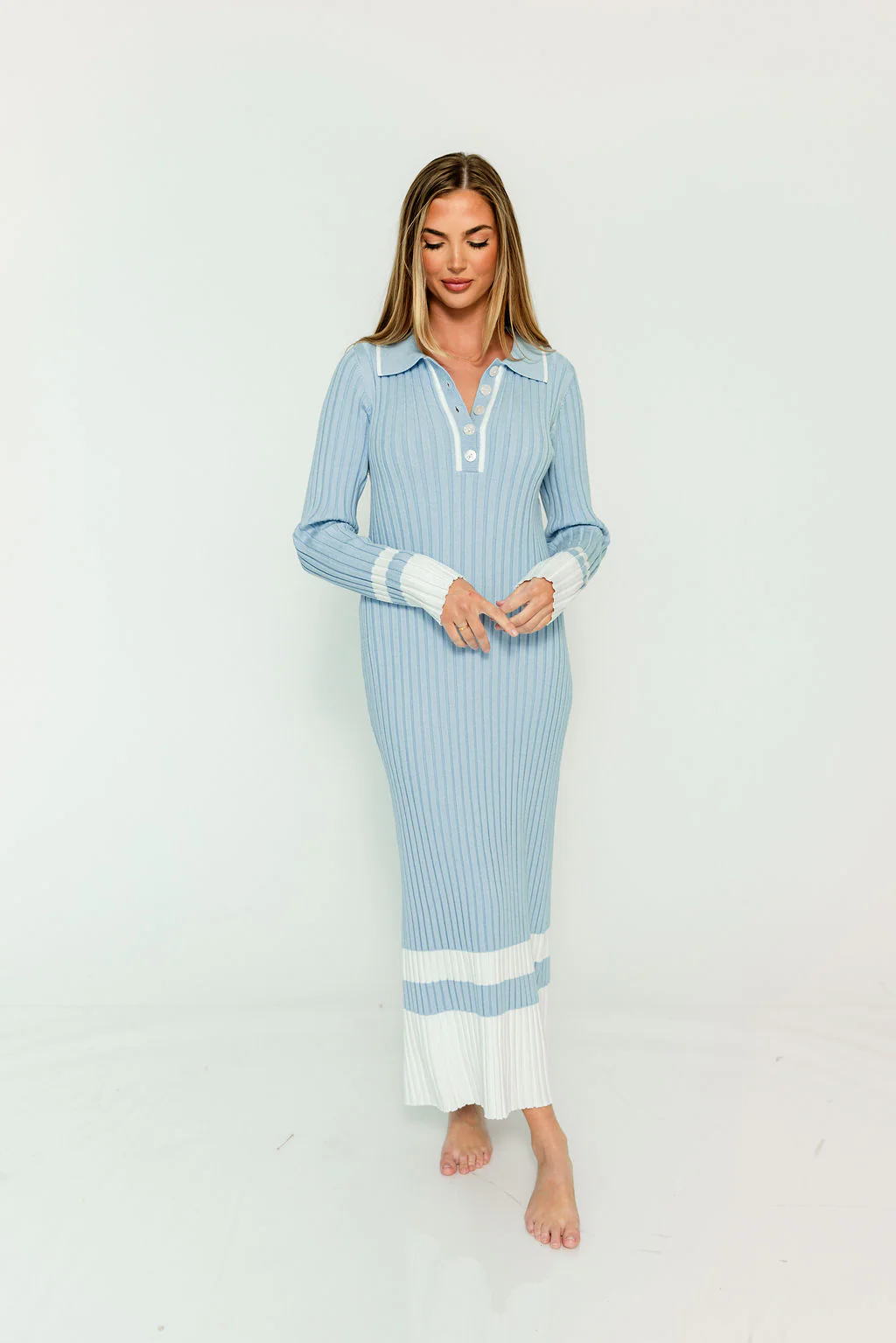 Kris Colorblock Polo Rib-Knit Maxi Dress in Sky